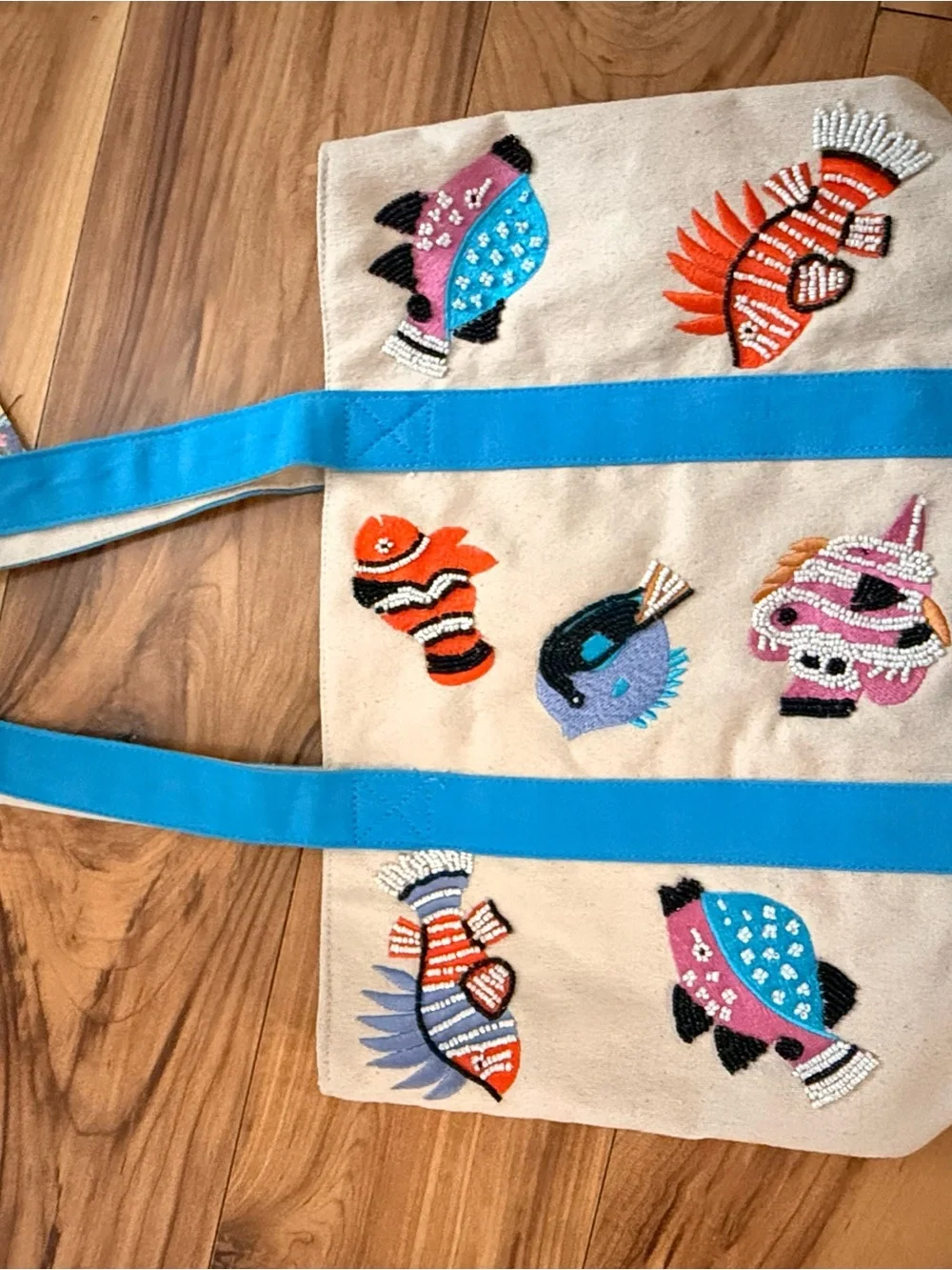 NWT America & Beyond Express Tropical Fish Beaded & Canvas Tote Bag
